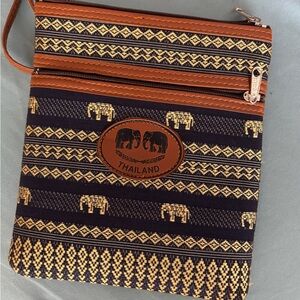 Brown and Gold Crossbody Bag with Geometric Pattern